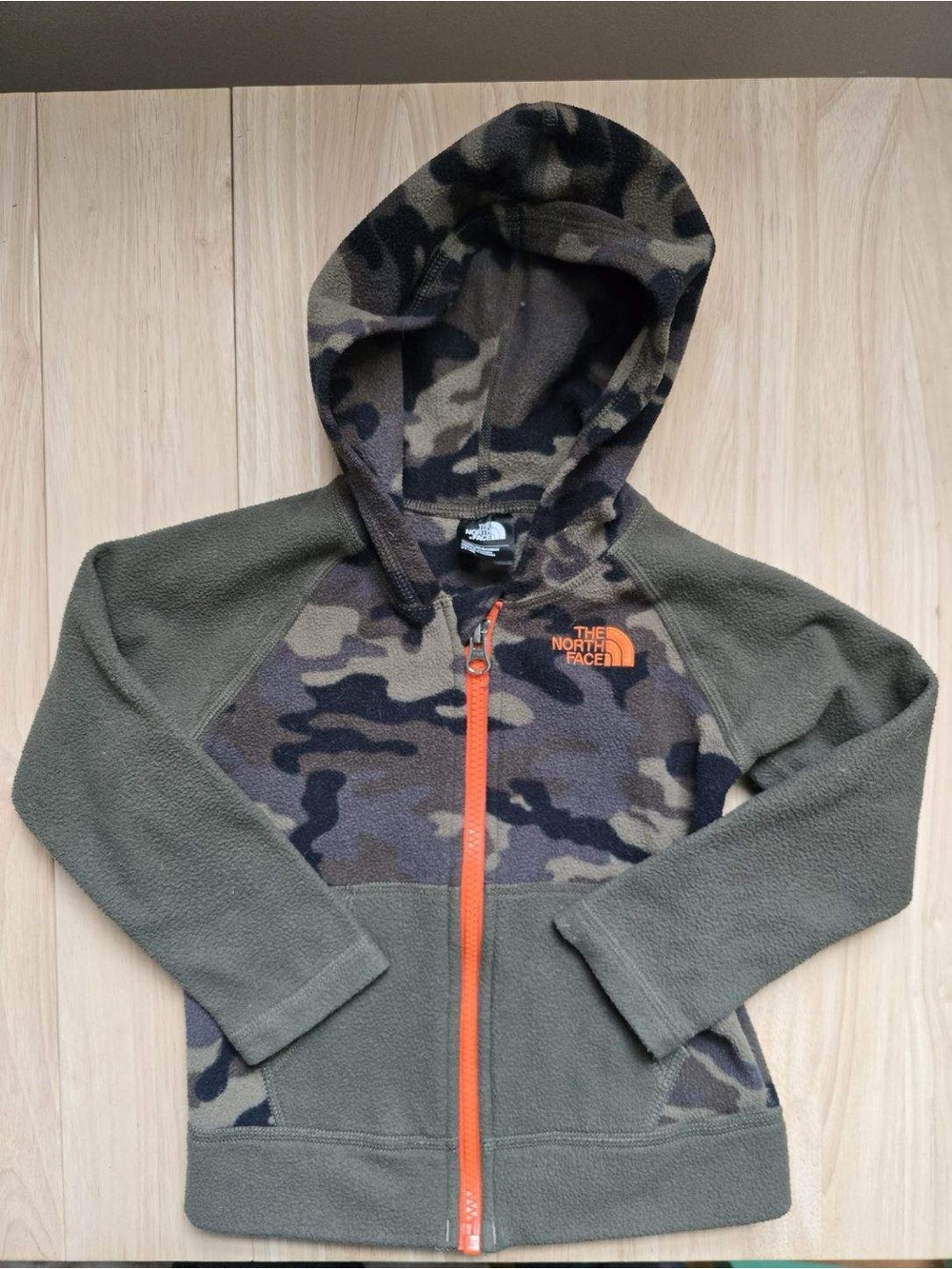 The North Face Kids Green Camo Hoodie with Orange Zip